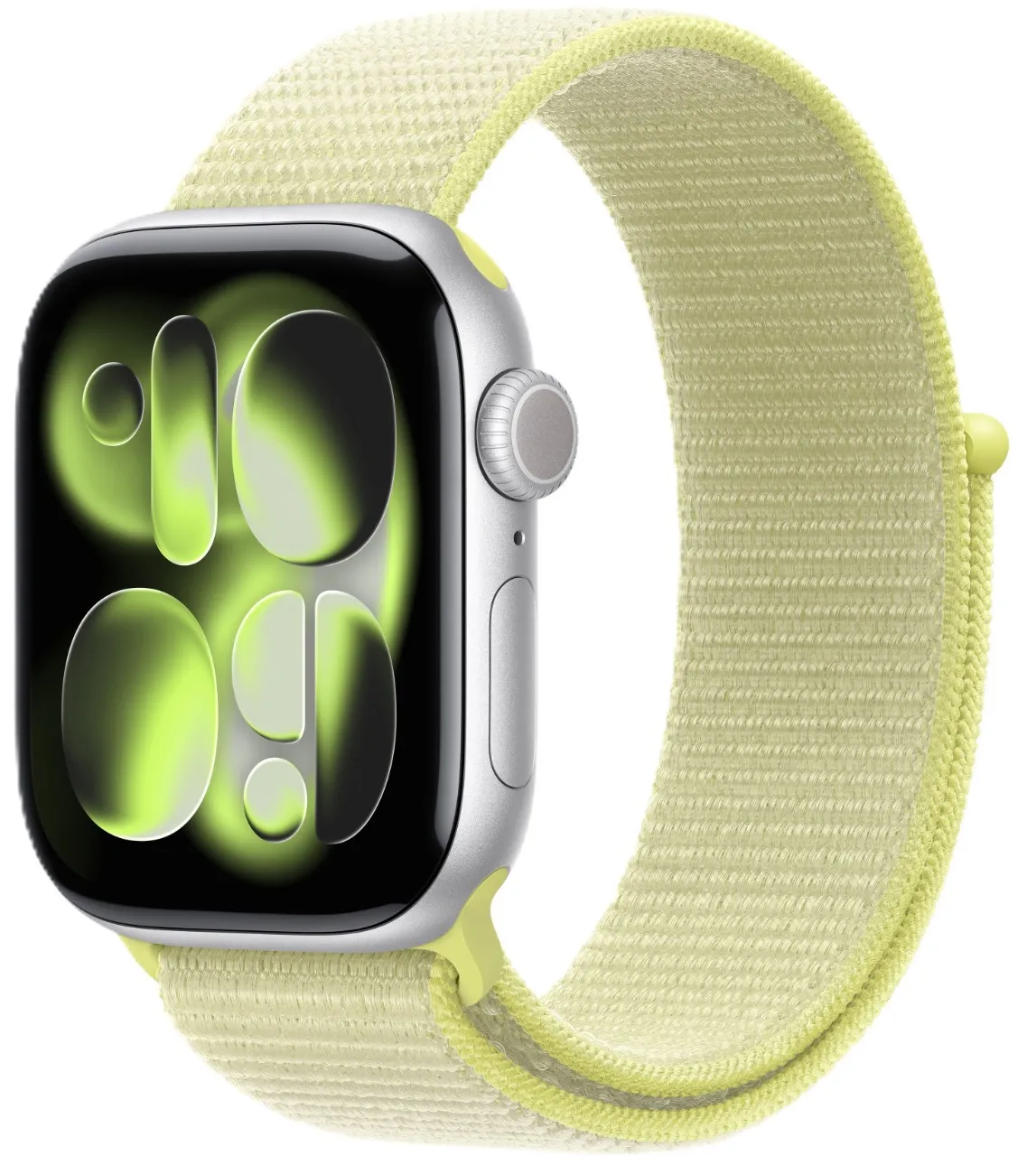 Apple Watch Series 11, 42 мм, корпус из алюминия серебристого цвета, спортивный ремешок Loop неоново-желтого цвета