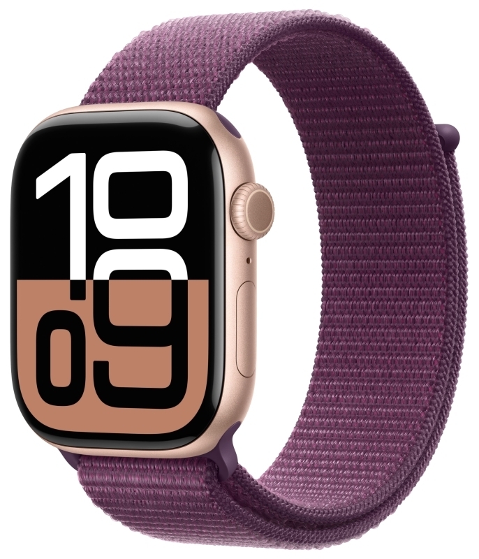 Apple Watch Series 10, 46 мм, корпус из алюминия цвета «розовое золото», спортивный ремешок Loop сливового цвета