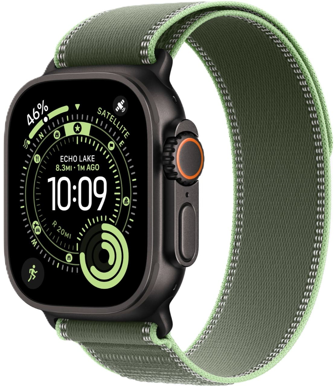 Apple Watch Ultra 3 GPS + Cellular, 49 мм, корпус из чёрного титана, ремешок Trail зелёного/неонового цвета