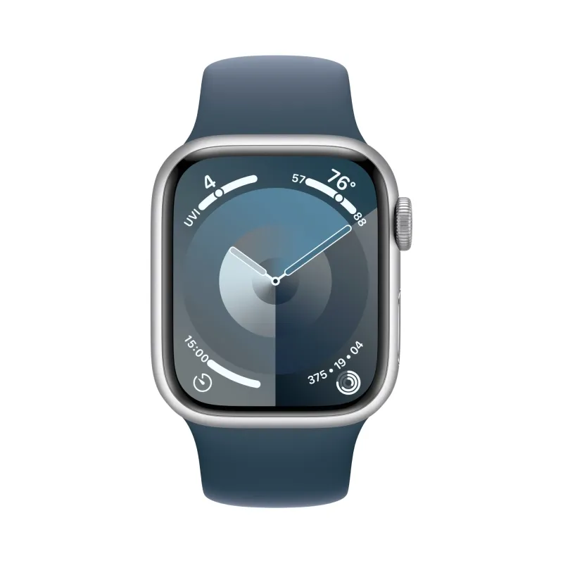 Apple Watch Series 9, 41 мм, корпус из алюминия серебристого цвета, спортивный ремешок цвета «грозовой синий»