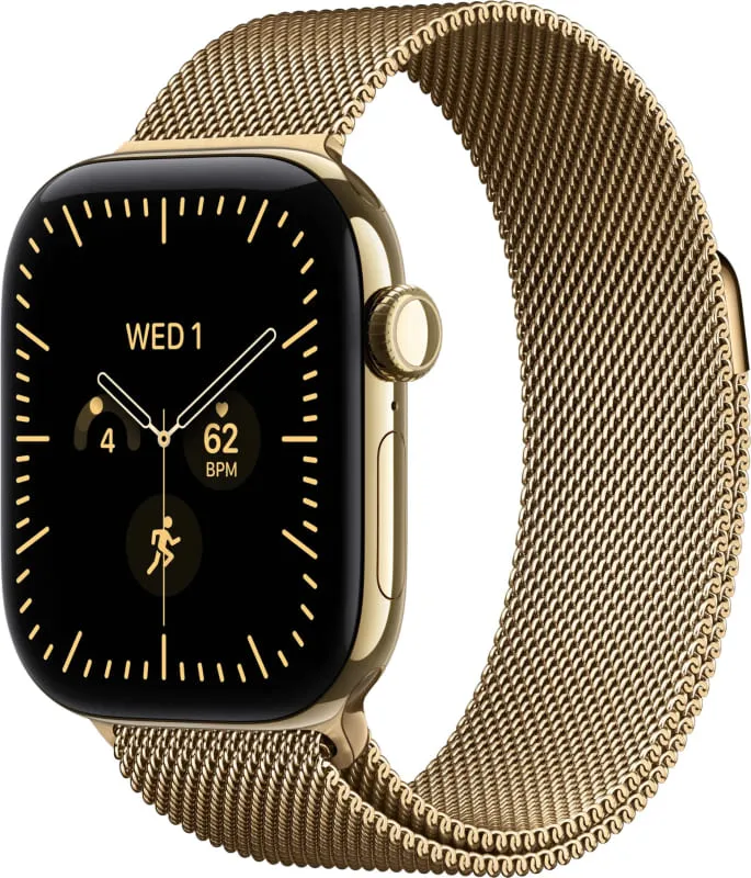 Apple Watch Series 12, 46 мм, корпус из титана цвета «Сияющее золото», ремешок Milanese цвета «Сияющее золото»