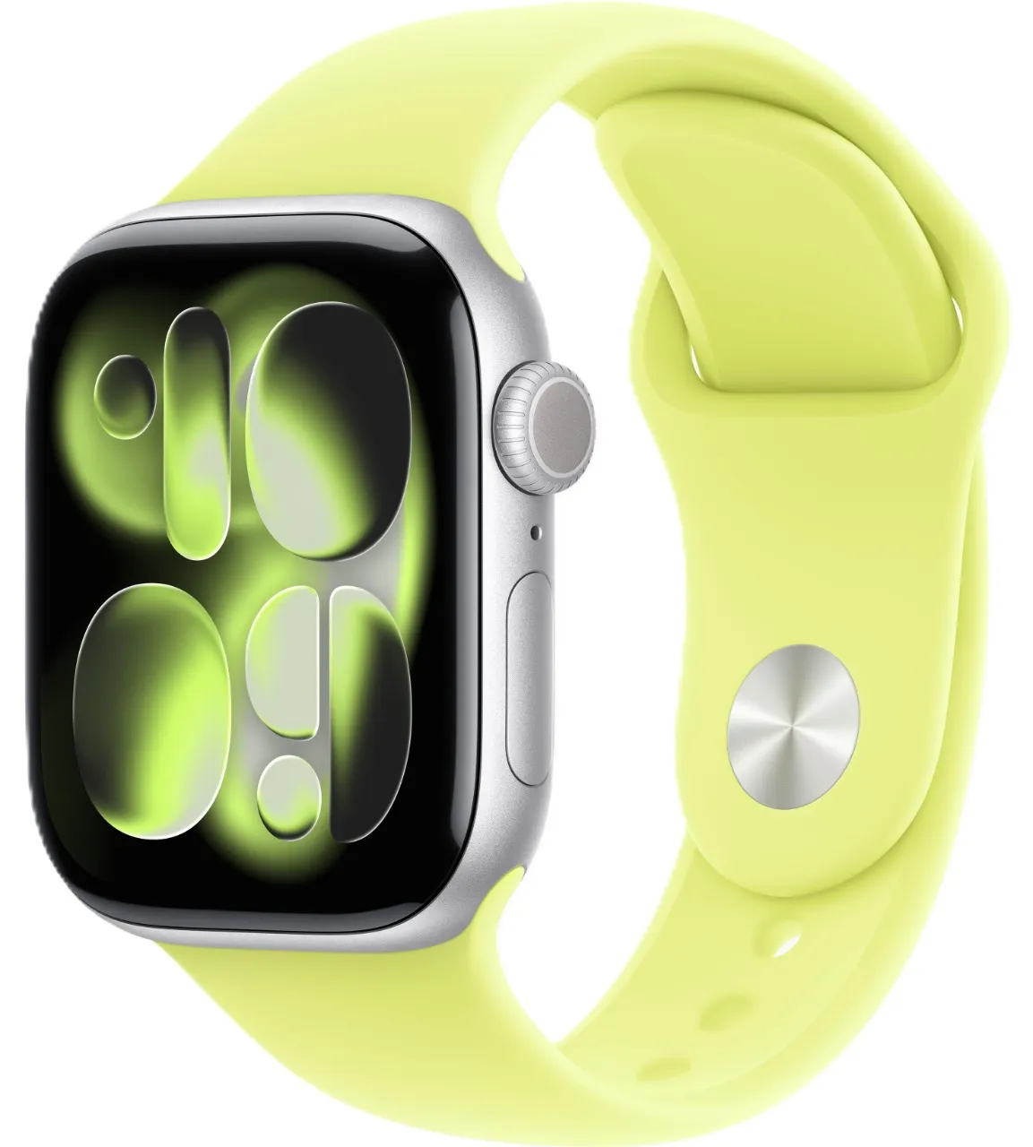 Apple Watch Series 11, 46 мм, корпус из алюминия серебристого цвета, спортивный ремешок неоново-желтого цвета