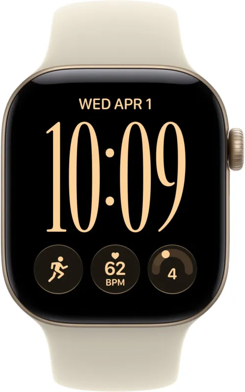 Apple Watch Series 12, 46 мм, корпус из алюминия цвета «светлое золото», спортивный ремешок песочного цвета