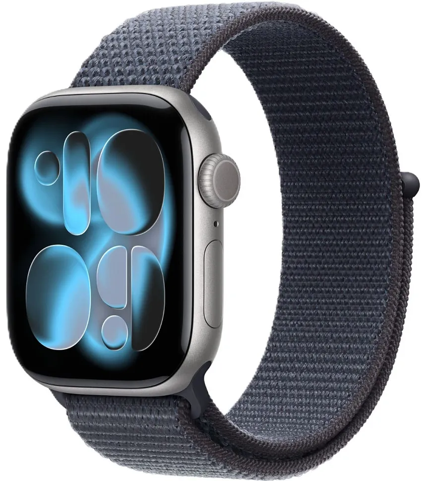 Apple Watch Series 11, 42 мм, корпус из алюминия цвета «космический серый», спортивный ремешок Loop цвета «якорный синий»