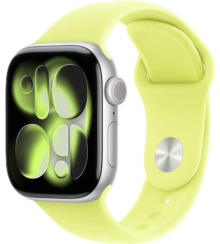 Apple Watch Series 11, 42 мм, корпус из алюминия серебристого цвета, спортивный ремешок неоново-желтого цвета