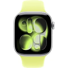 Apple Watch Series 11, 46 мм, корпус из алюминия серебристого цвета, спортивный ремешок неоново-желтого цвета