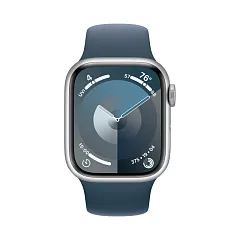 Apple Watch Series 9, 41 мм, корпус из алюминия серебристого цвета, спортивный ремешок цвета «грозовой синий»