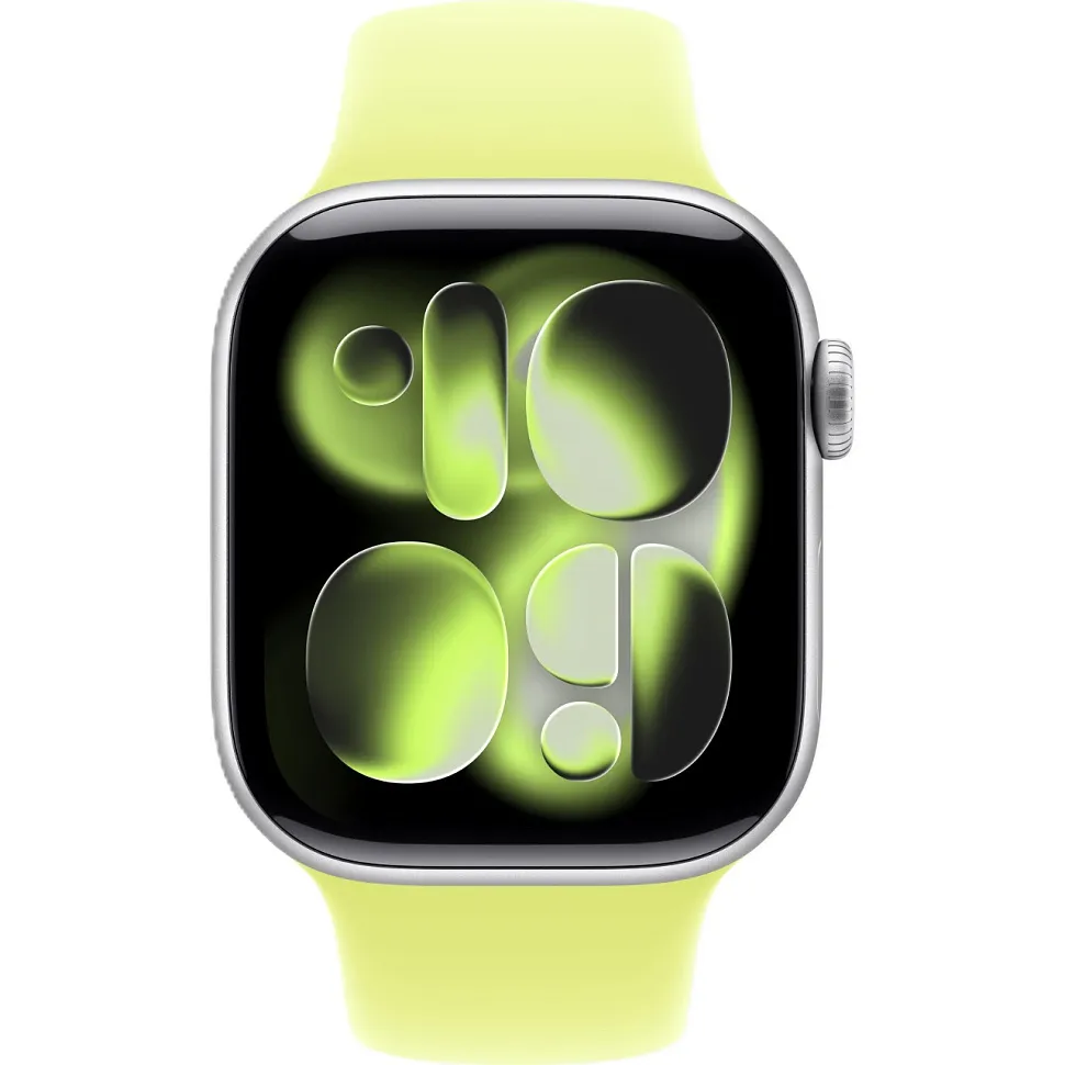 Apple Watch Series 11, 42 мм, корпус из алюминия серебристого цвета, спортивный ремешок неоново-желтого цвета