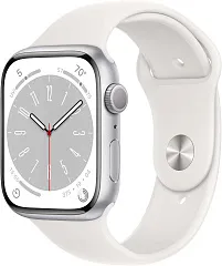 Apple Watch Series 8, 45 мм, корпус из алюминия серебристого цвета, спортивный ремешок белого цвета