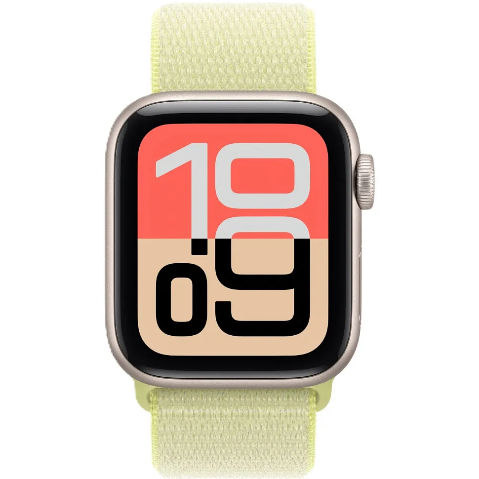 Apple Watch SE (2025), 40 мм, корпус из алюминия цвета «сияющая звезда», спортивный ремешок Loop неоновой-желтого цвета